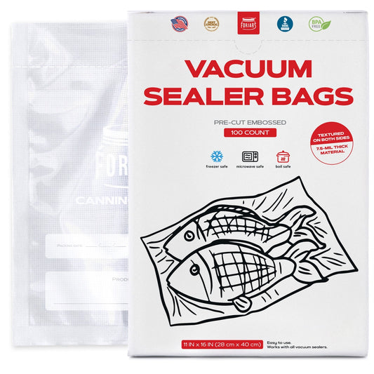 Forjars® 100-count 11x16 vacuum sealer bags with textured sides, 7.5 mil thick, suitable for food preservation and storage.