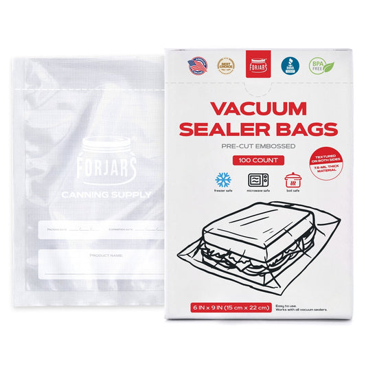 ForJars vacuum sealer bags, 6x9 inches, textured on both sides, 7.5 mil thickness, 100-pack for food storage and preservation.
