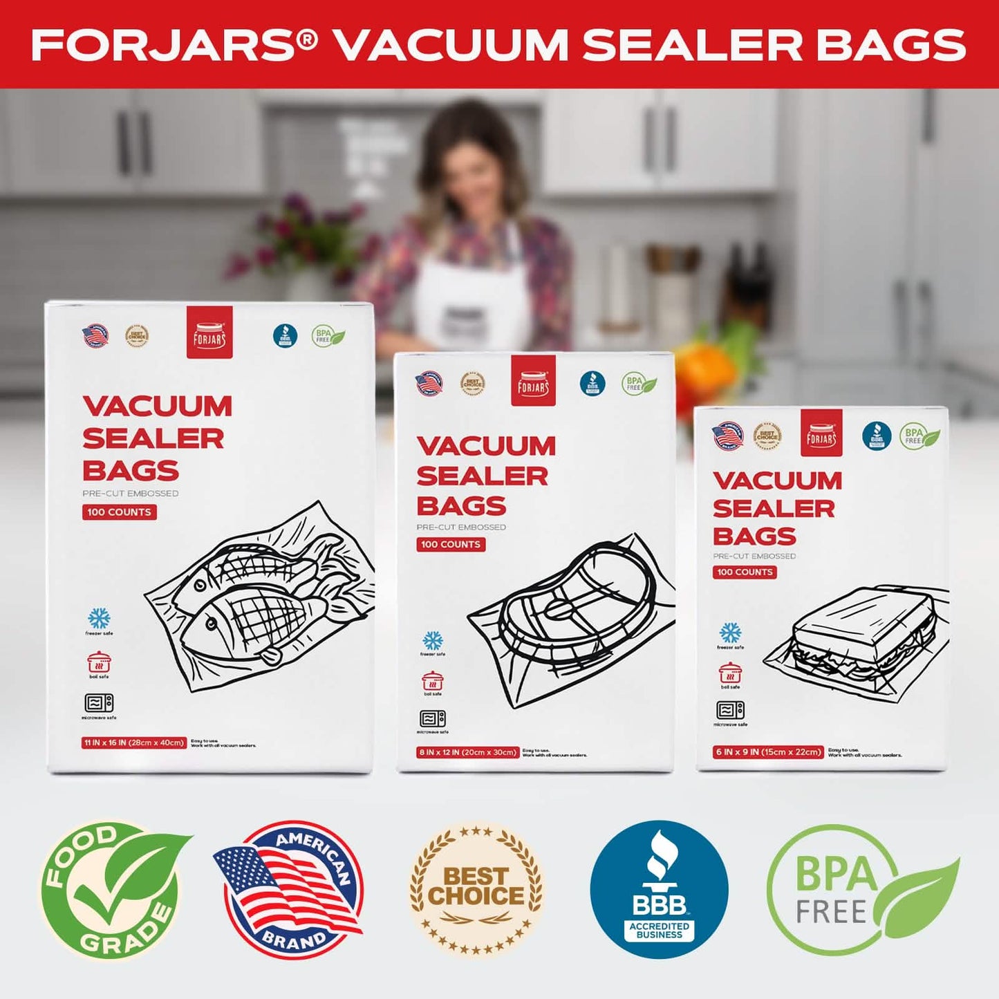 ForJars vacuum sealer bags, 100-pack, 6x9 inches, textured on both sides, 7.5 mil thick for airtight food storage.