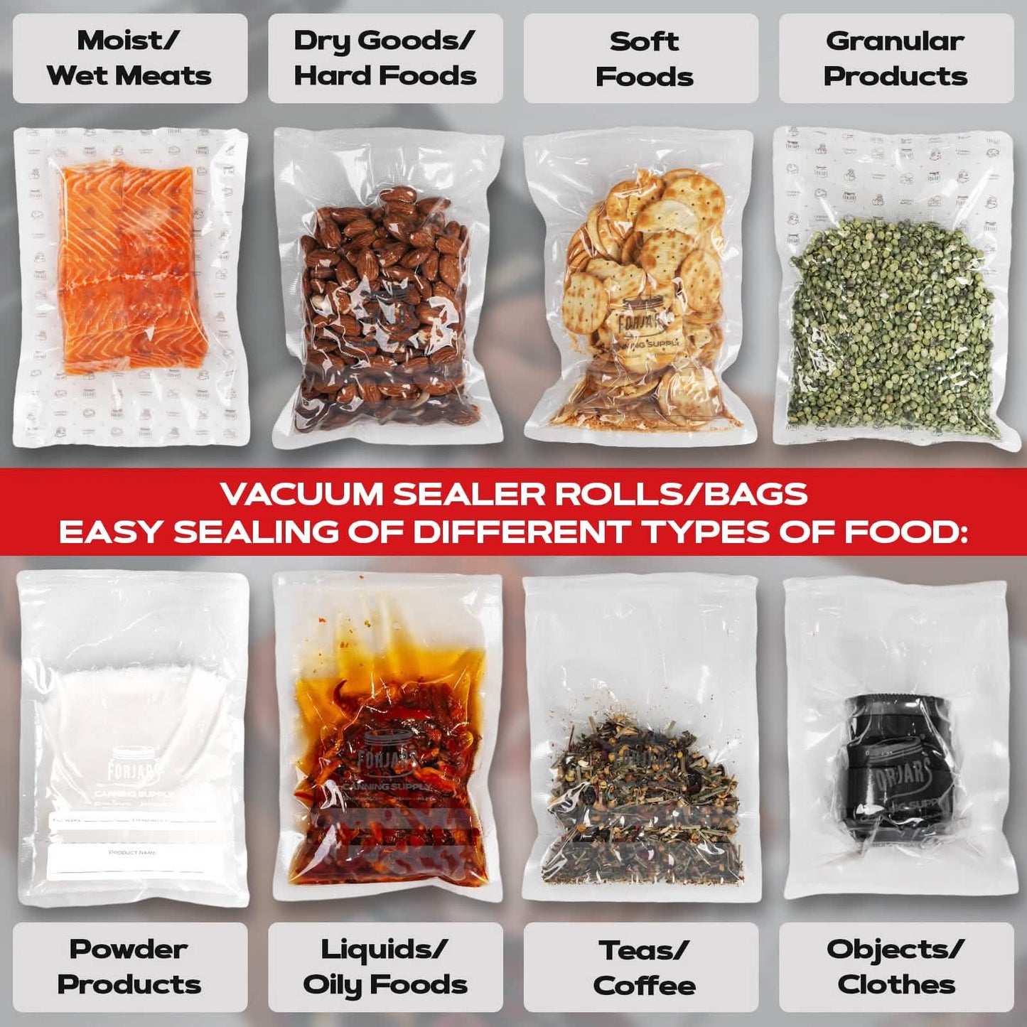 Forjars® 100 count 6x9 vacuum sealer bags with textured sides, 7.5 mil thickness, designed for food storage and preservation.