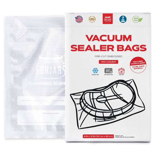 Forjars® 100-count 8x12 vacuum sealer bags with textured sides, 7.5 mil thick for food storage and preservation.