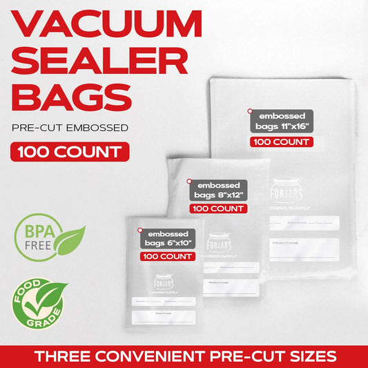 Forjars® 100-pack 8x12 vacuum sealer bags, textured on both sides, 7.5 mil thickness, ideal for food preservation and storage.