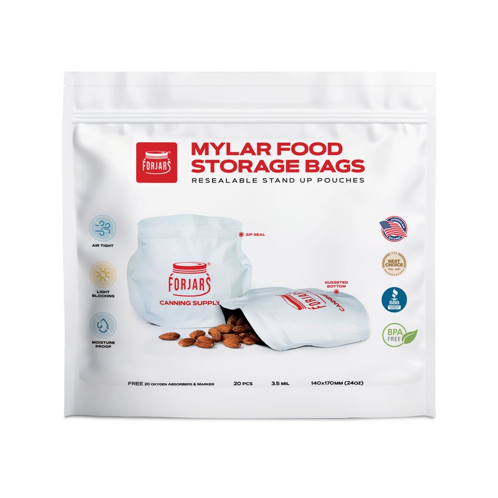 ForJars 20-pack 24oz Mylar vacuum sealer bags, durable food storage pouches with airtight seal for freshness and preservation.