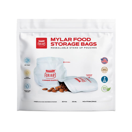 ForJars 20-pack 24oz Mylar vacuum sealer bags, durable food storage pouches with airtight seal for freshness and preservation.
