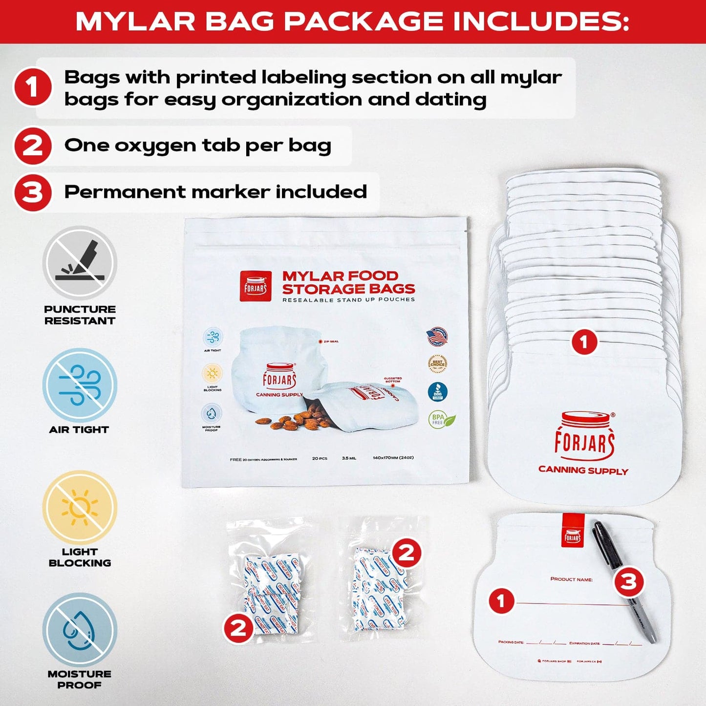 Forjars® 20-pack vacuum sealer Mylar bags, 24oz capacity, made of durable foil for food storage and preservation.
