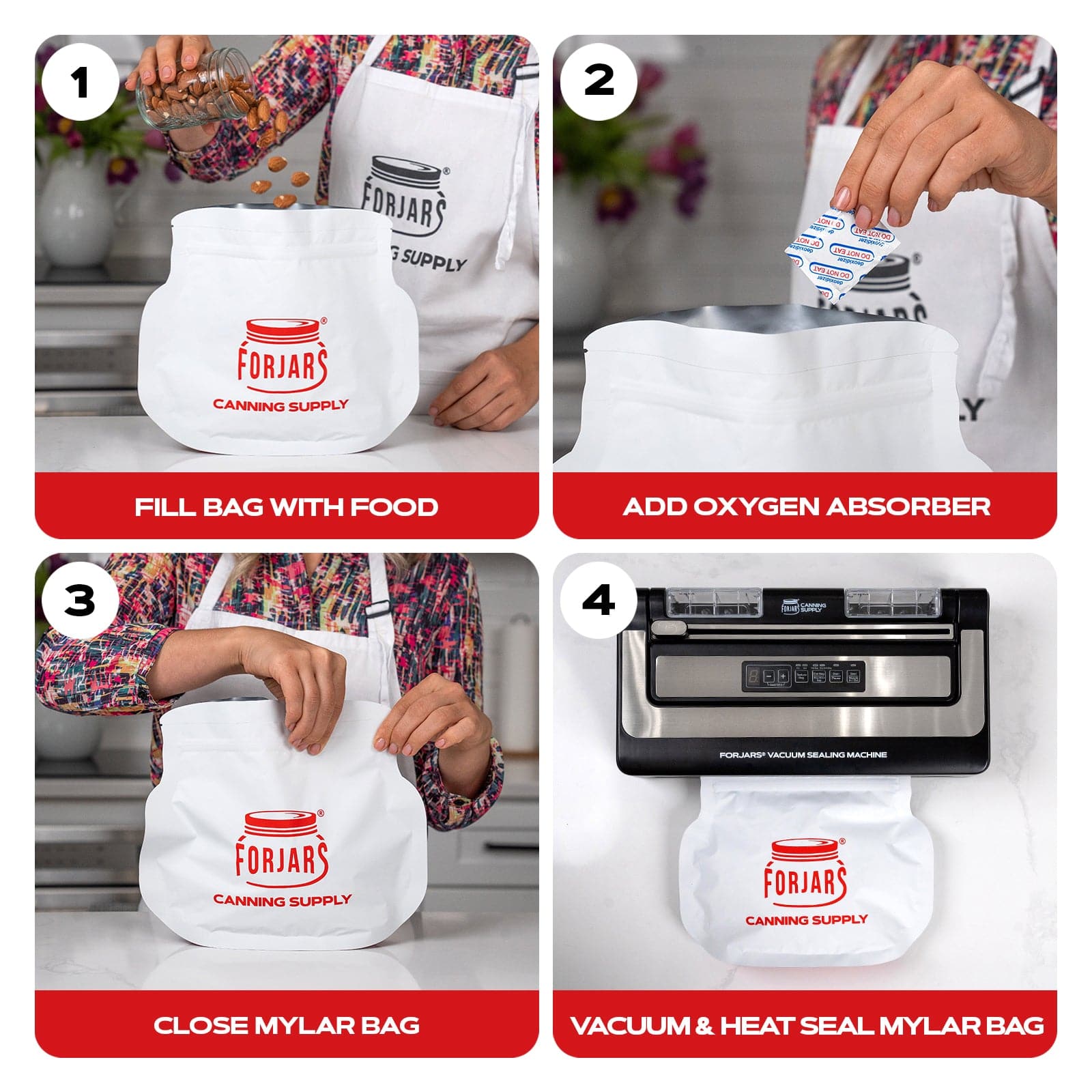 Forjars® 20-pack 24oz Mylar vacuum sealer bags, durable food storage bags with sealing strips, ideal for preserving freshness.