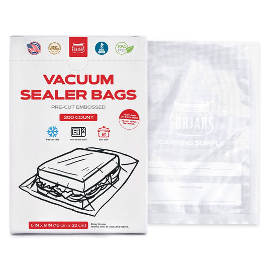 ForJars 200-count 6x9 vacuum sealer bags with textured sides, 7.5 mil thick for food preservation and storage.
