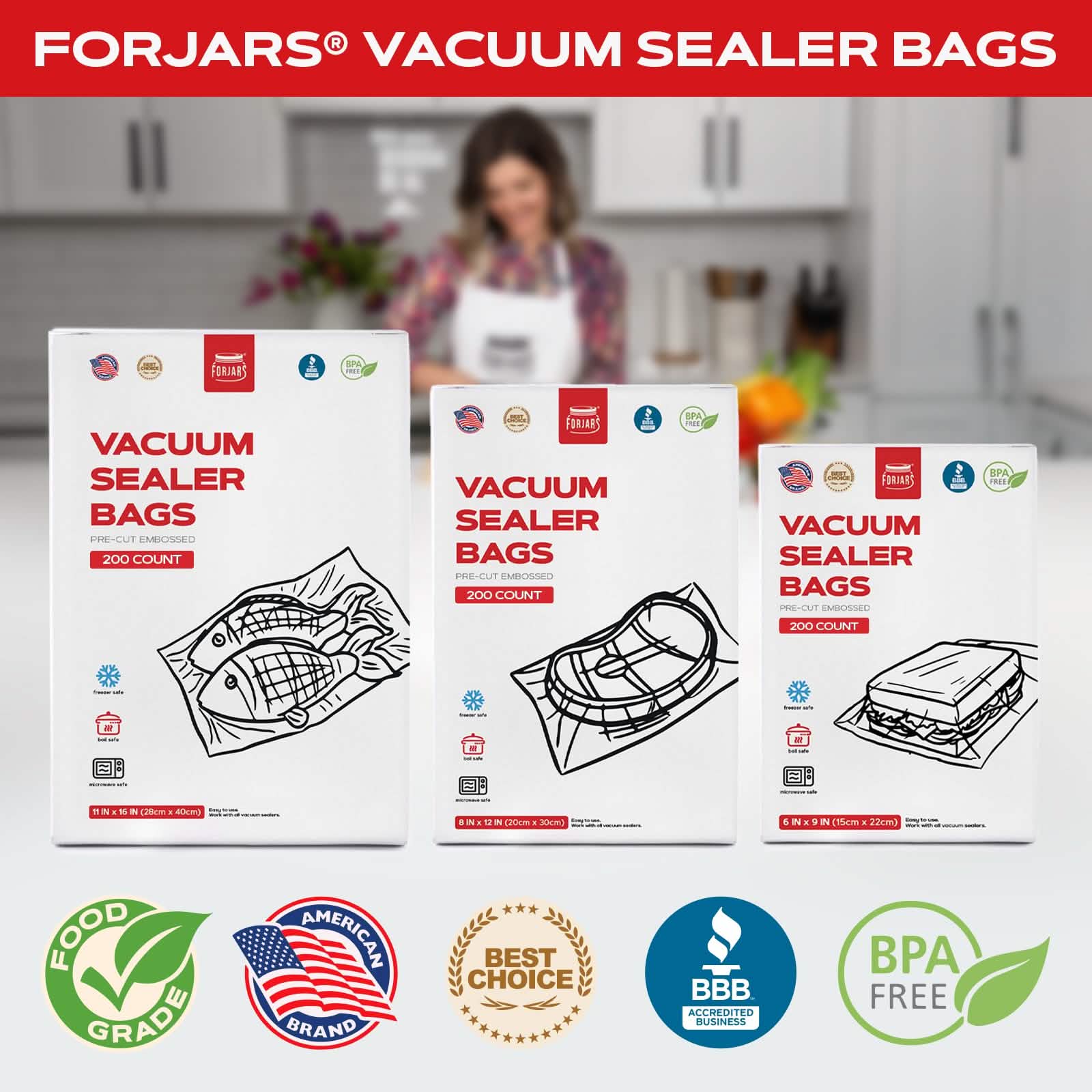 Forjars® 200 count 6x9 vacuum sealer bags with textured sides, 7.5 mil thick for food storage and preservation.