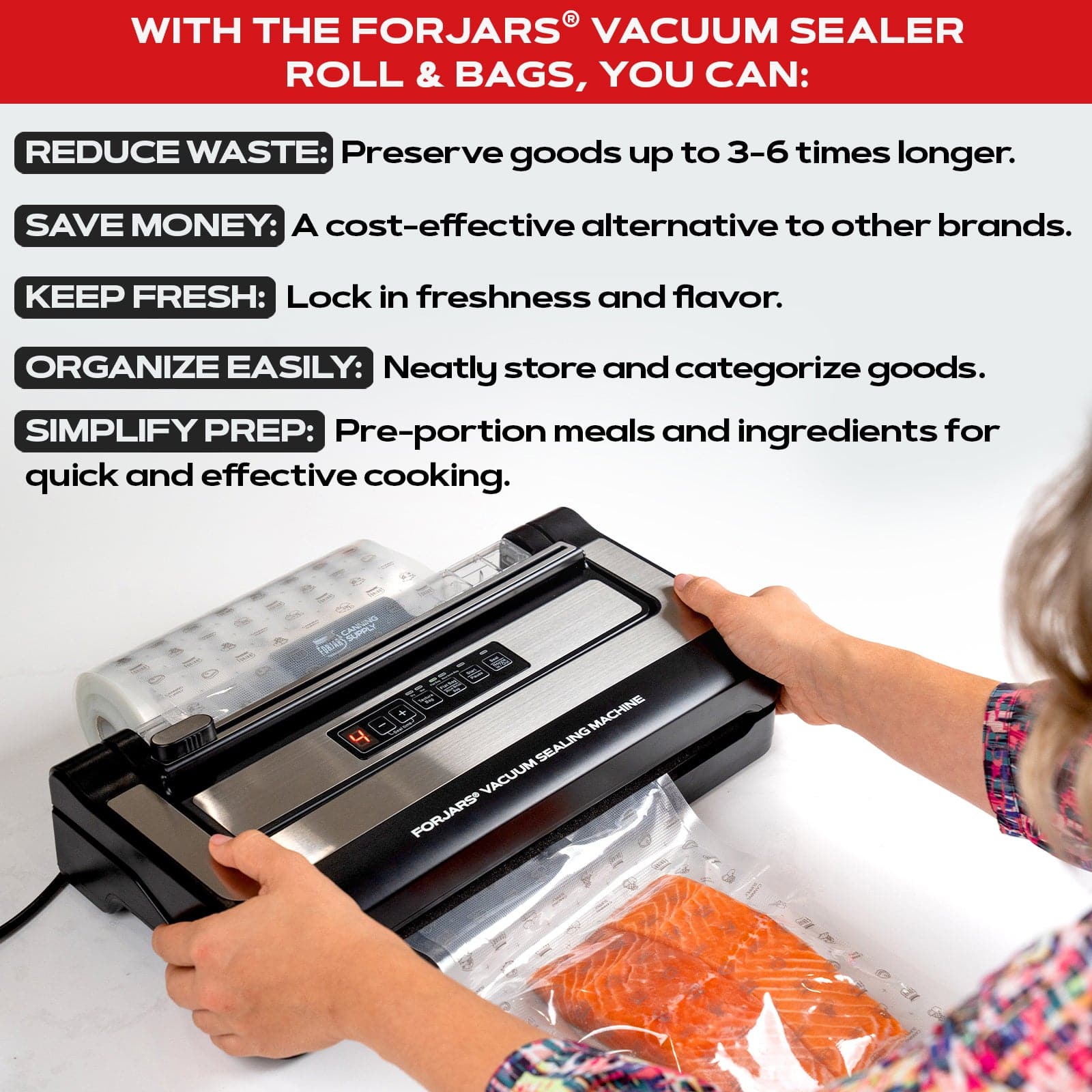 ForJars vacuum sealer bags, 6x9 inches, textured on both sides, 7.5 mil thickness, 200-pack for food storage and preservation.