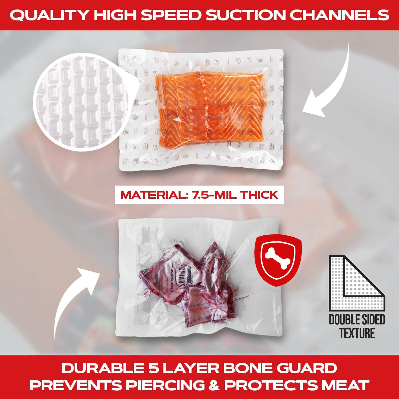 Forjars® 200 count 6x9 vacuum sealer bags with textured sides, 7.5 mil thickness, ideal for food storage and preservation.