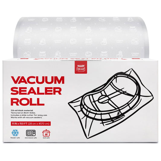 Forjars® vacuum sealer roll, 11-inch x 150-foot textured double-sided bags, 7.5 mil thickness for food preservation.