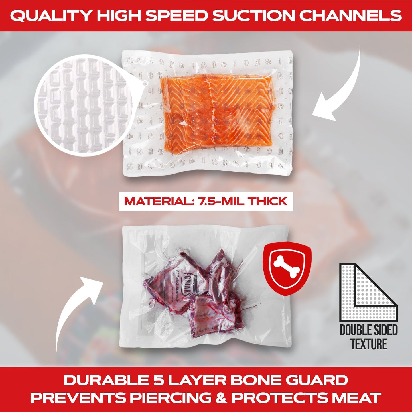 Forjars® vacuum sealer roll, 11-inch by 150-foot textured double-sided storage bag with 7.5 mil thickness for food preservation.