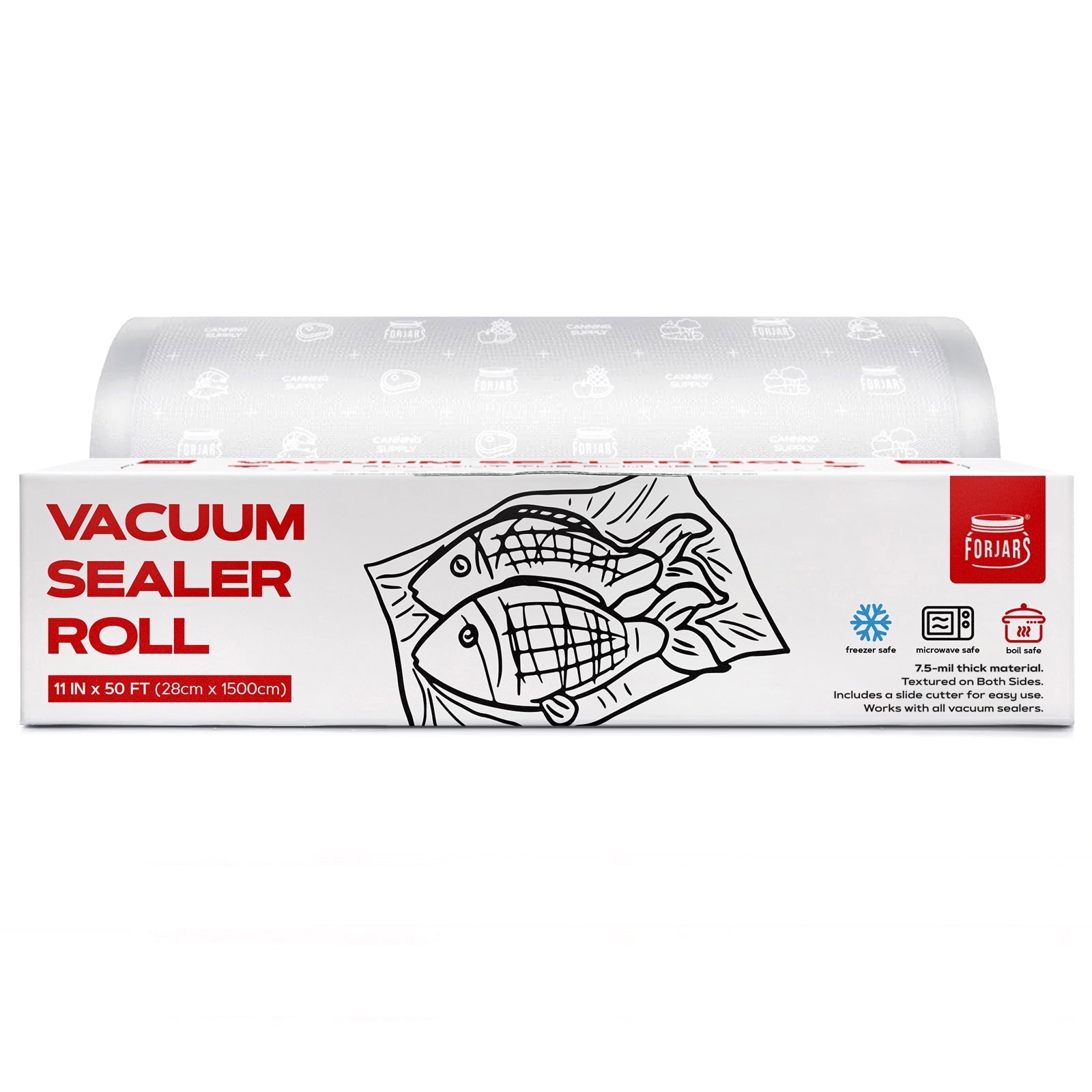 Forjars® Vacuum Sealer Roll, 11-inch textured dual-sided bags, 7.5 mil thickness for airtight food storage.