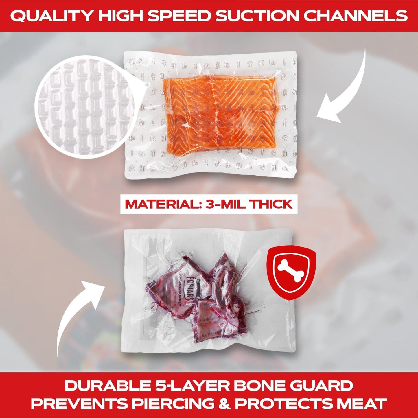 Forjars® Vacuum Sealer Roll, 11-inch textured on both sides, 7.5 mil thick, durable vacuum sealer bags for food storage.