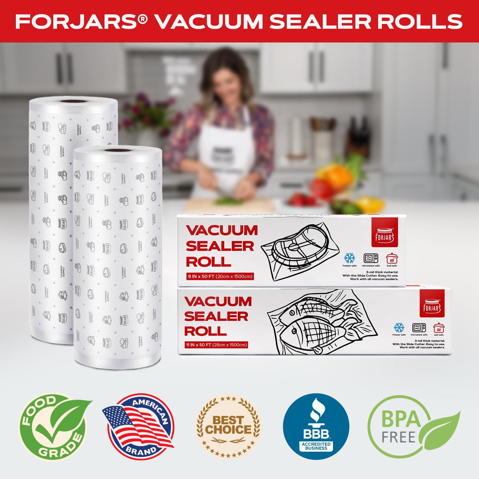 ForJars Vacuum Sealer Roll, 11-inch textured on both sides, 7.5 mil thickness, ideal for food preservation and sealing.