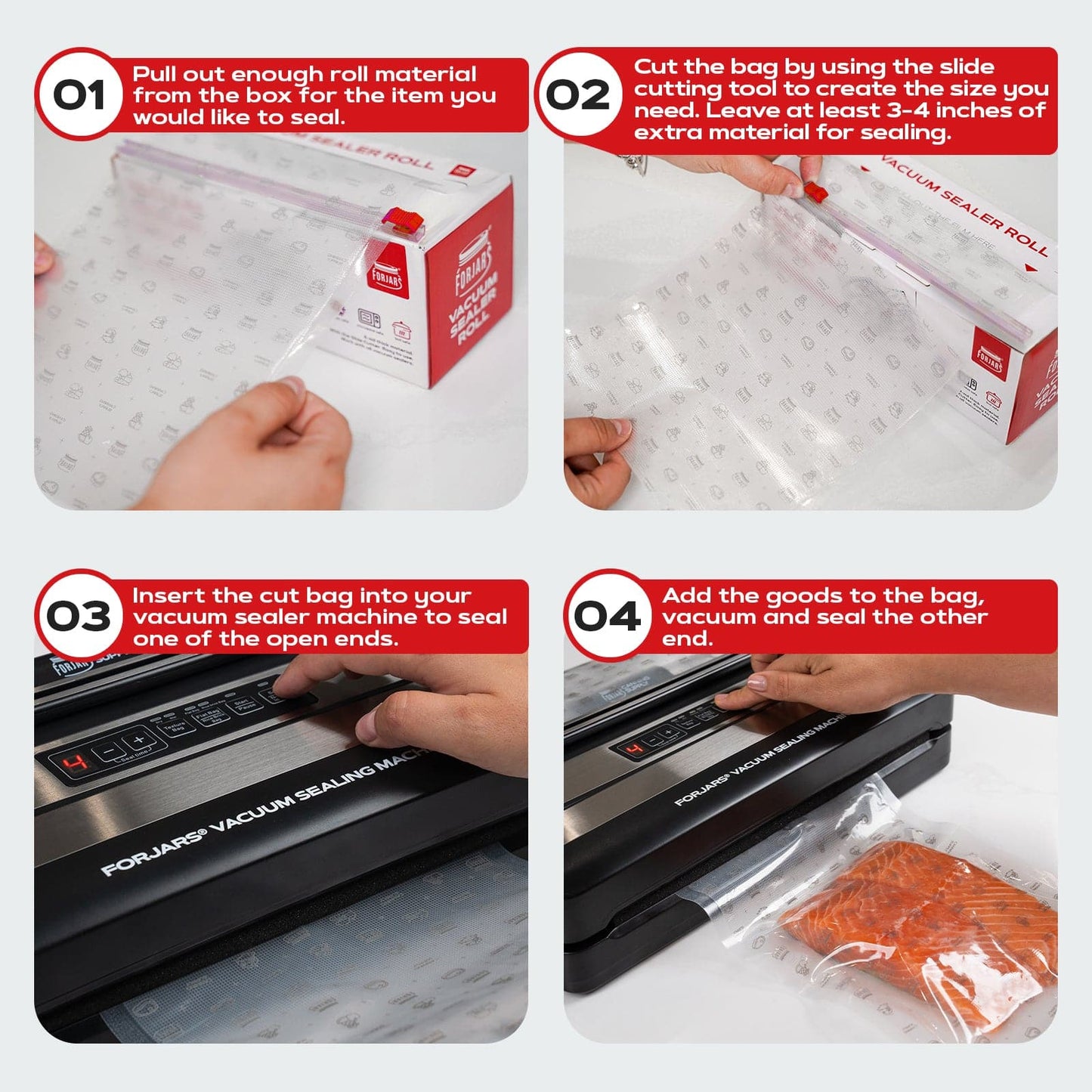 Forjars® vacuum sealer roll, 11-inch textured on both sides, 7.5 mil thickness, ideal for sealing and preserving food.