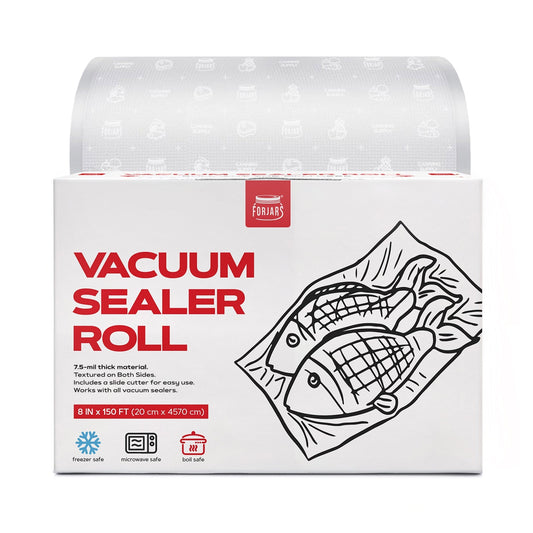 ForJars vacuum sealer roll, 8-inch by 150-foot textured double-sided bags, 7.5 mil thickness for food preservation.