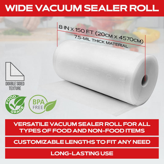 Forjars® vacuum sealer roll, 8-inch by 150-foot textured, 7.5 mil thick plastic bag roll for food preservation.