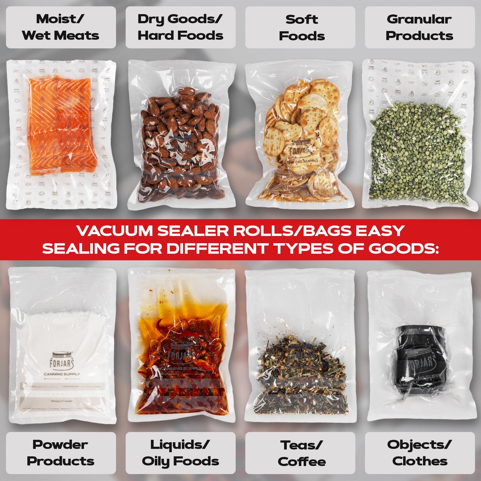 Forjars® vacuum sealer roll, 8-inch x 150 ft, textured on both sides, 7.5 mil thickness for sealing food storage.