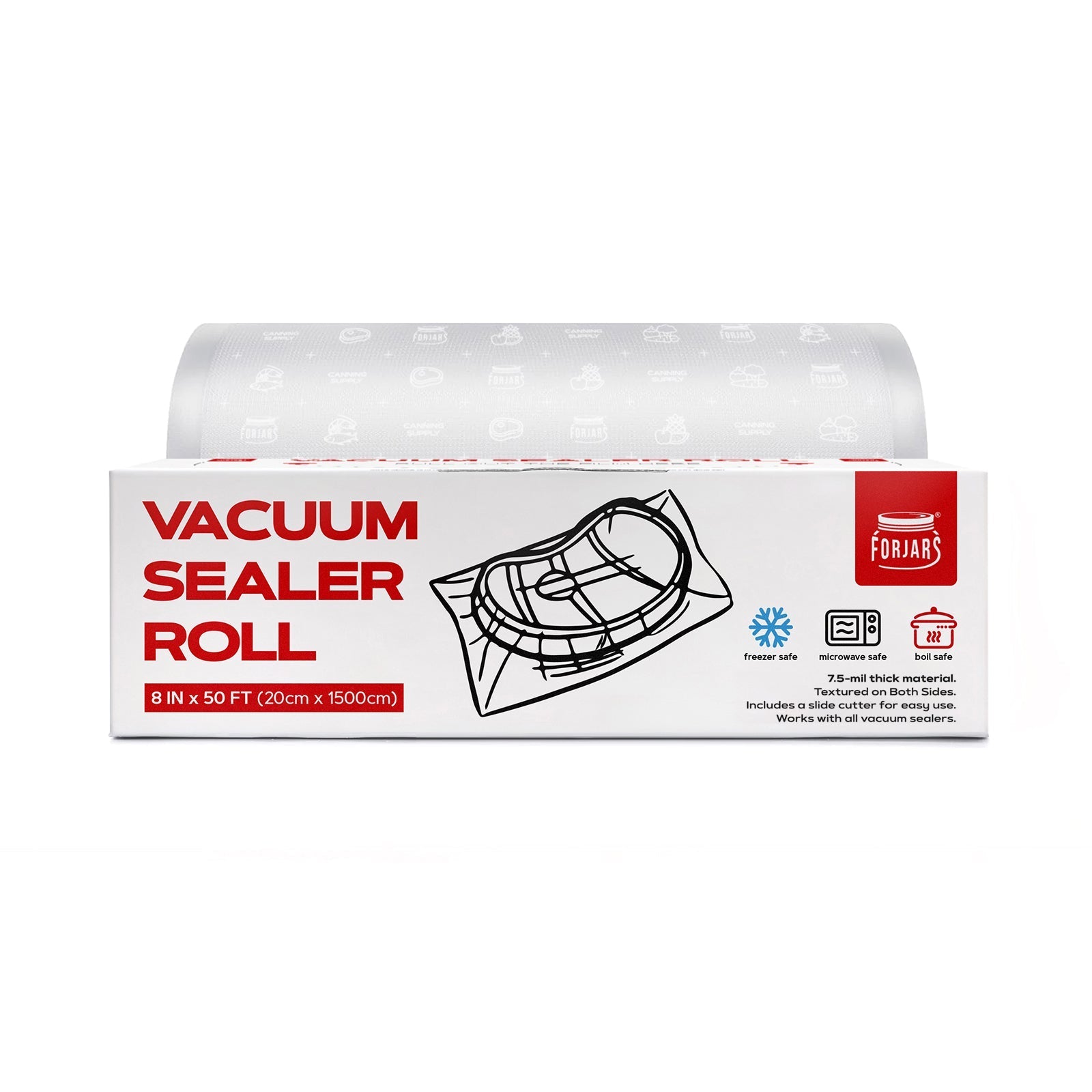 ForJars Vacuum Sealer Roll, 8-inch textured on both sides, 7.5 mil thick vacuum sealer bags for food storage.