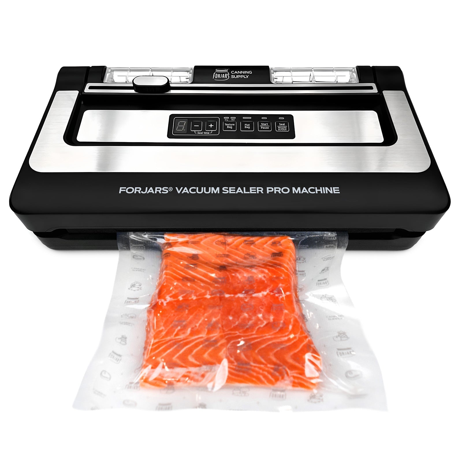 ForJars Vacuum Sealer PRO machine, a compact kitchen appliance for sealing food in vacuum bags, with digital controls and sleek design.