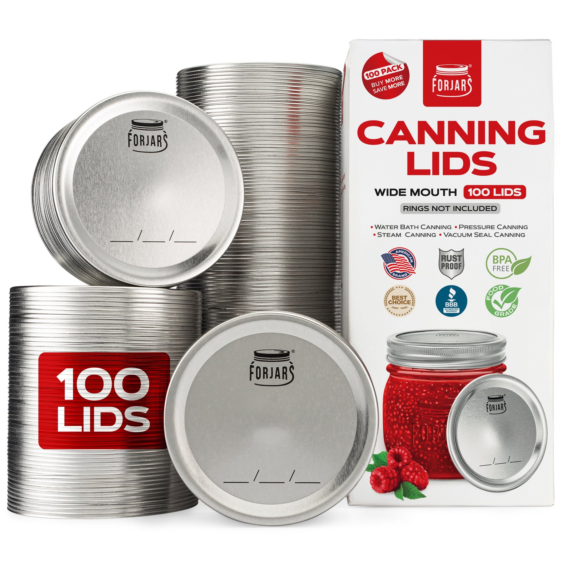 ForJars 100 wide mouth canning lids, shiny metal lids for preserving jars, designed for wide mouth mason jars.