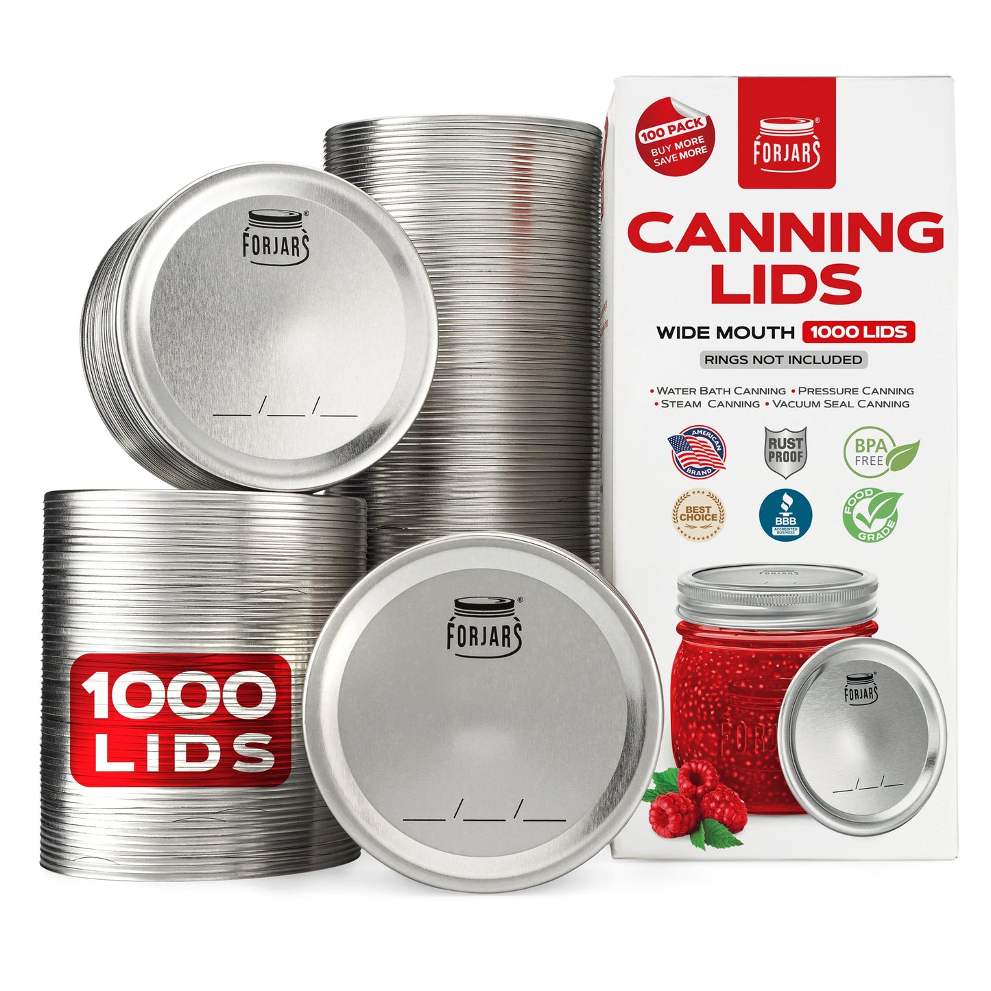 ForJars wide mouth canning lids, set of 1000, durable metal lids for preserving food in wide mouth jars.