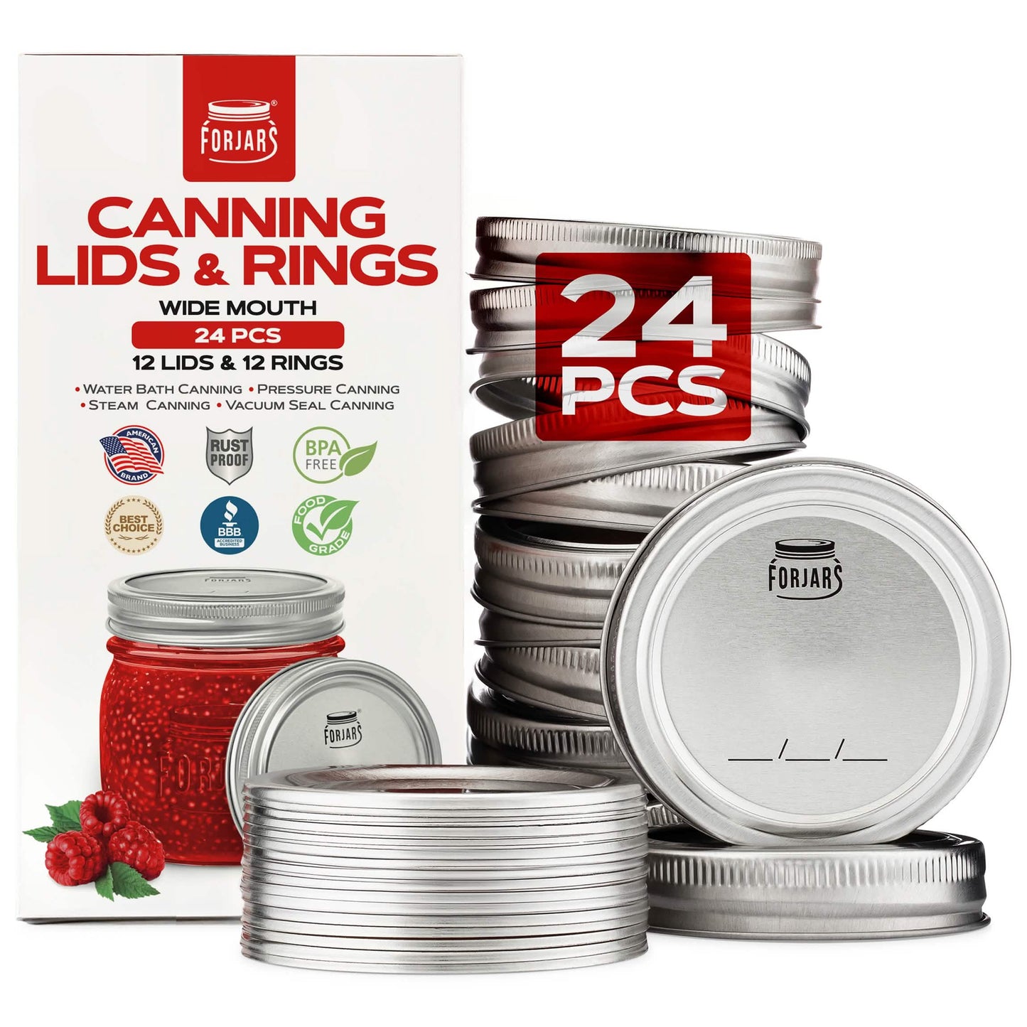 ForJars wide mouth canning lids and rings, 12-pack, with metal lids and sealing rings for preserving food.