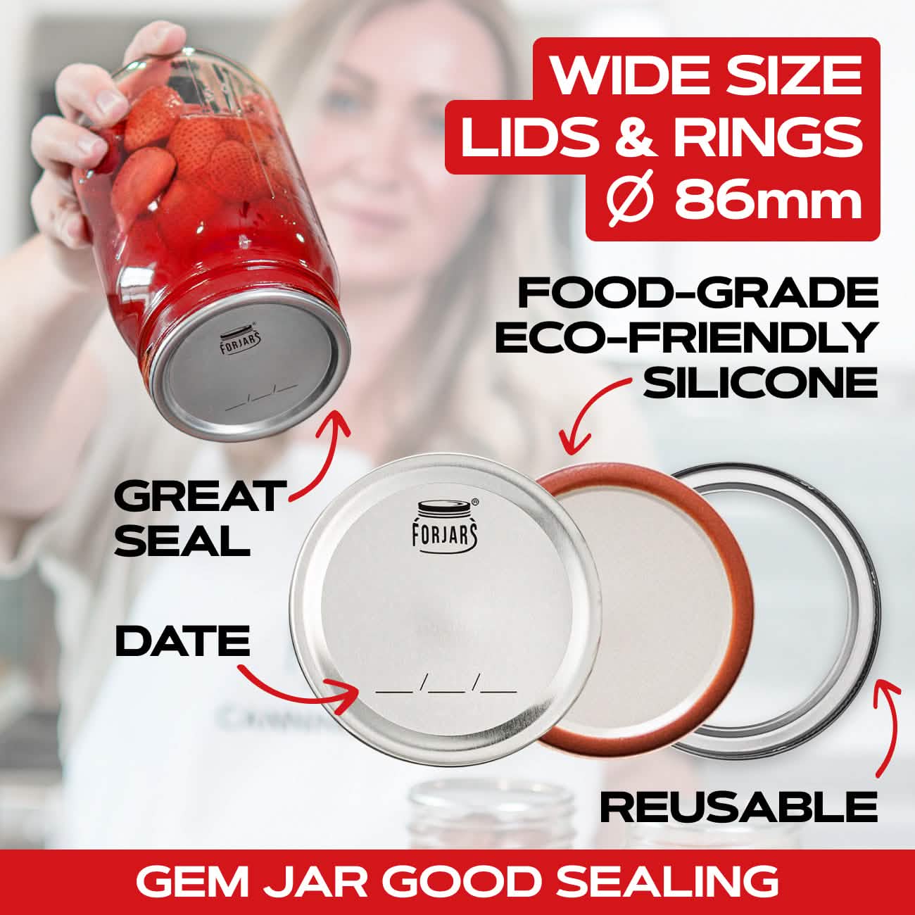 ForJars Wide Mouth Canning Lids with 12 rings, ideal for preserving and sealing jars with wide mouth openings.