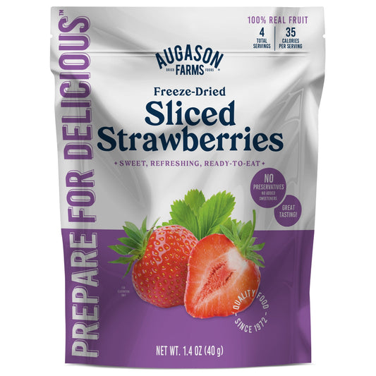 Freeze-dried sliced strawberries in a pouch by Augason Farms, showing vibrant red strawberry slices ready for snacking or baking.