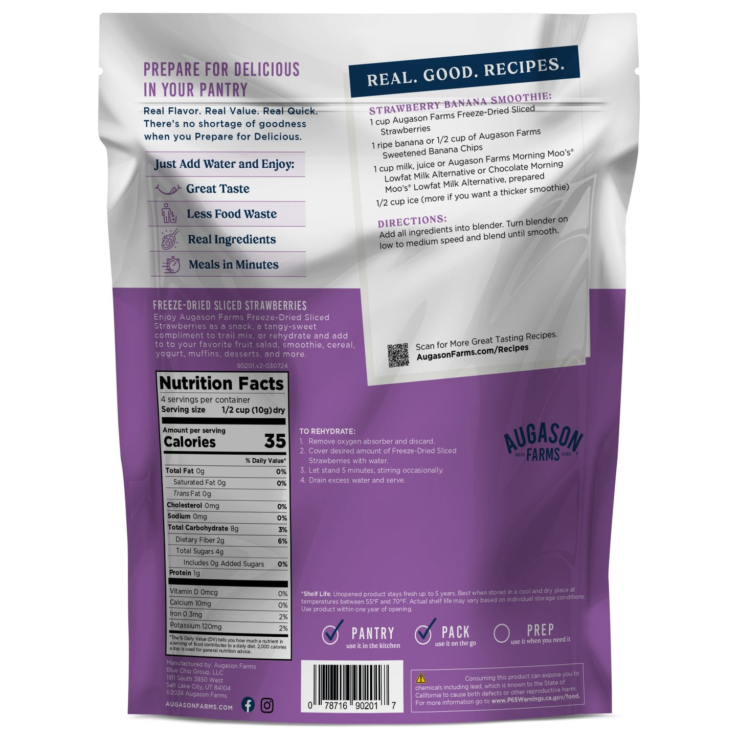 Freeze-dried sliced strawberries pouch by Augason Farms, showing vibrant red dried strawberries in a clear resealable bag.