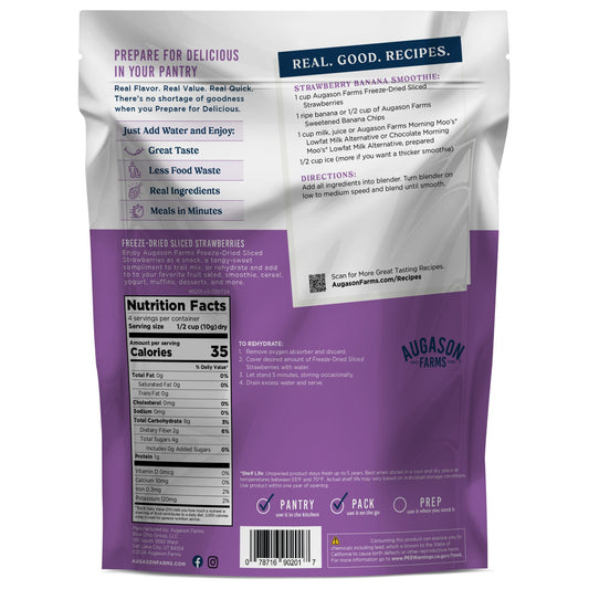 Freeze-dried sliced strawberries pouch by Augason Farms, showing vibrant red dried strawberries in a clear resealable bag.