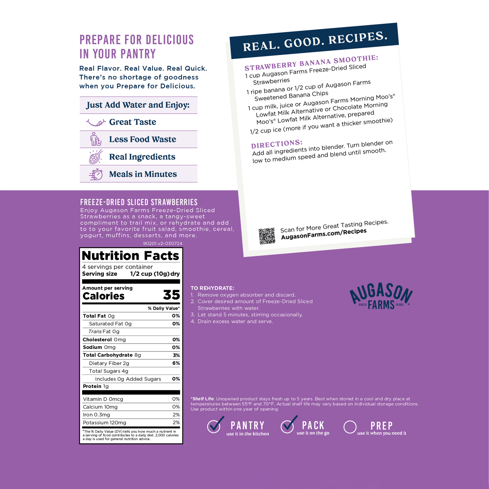 Freeze-dried sliced strawberries in a pouch by Augason Farms, 4-serving size, shown in the image.