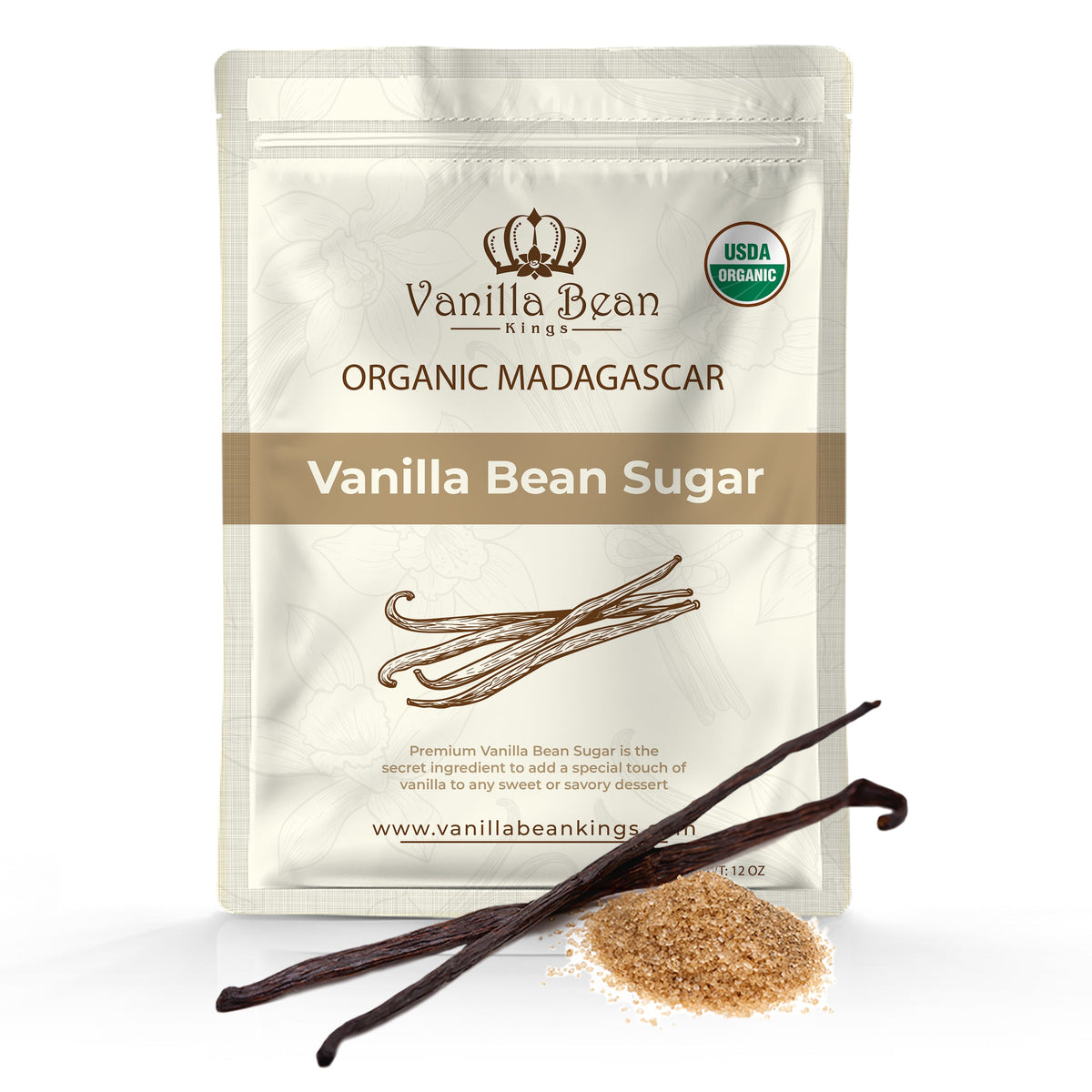 Organic vanilla bean sugar by Vanilla Bean Kings in a 12 oz jar, showing the front label and product packaging.