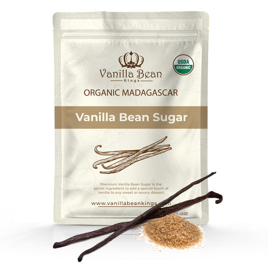 Organic vanilla bean sugar by Vanilla Bean Kings in a 12 oz jar, showing the front label and product packaging.
