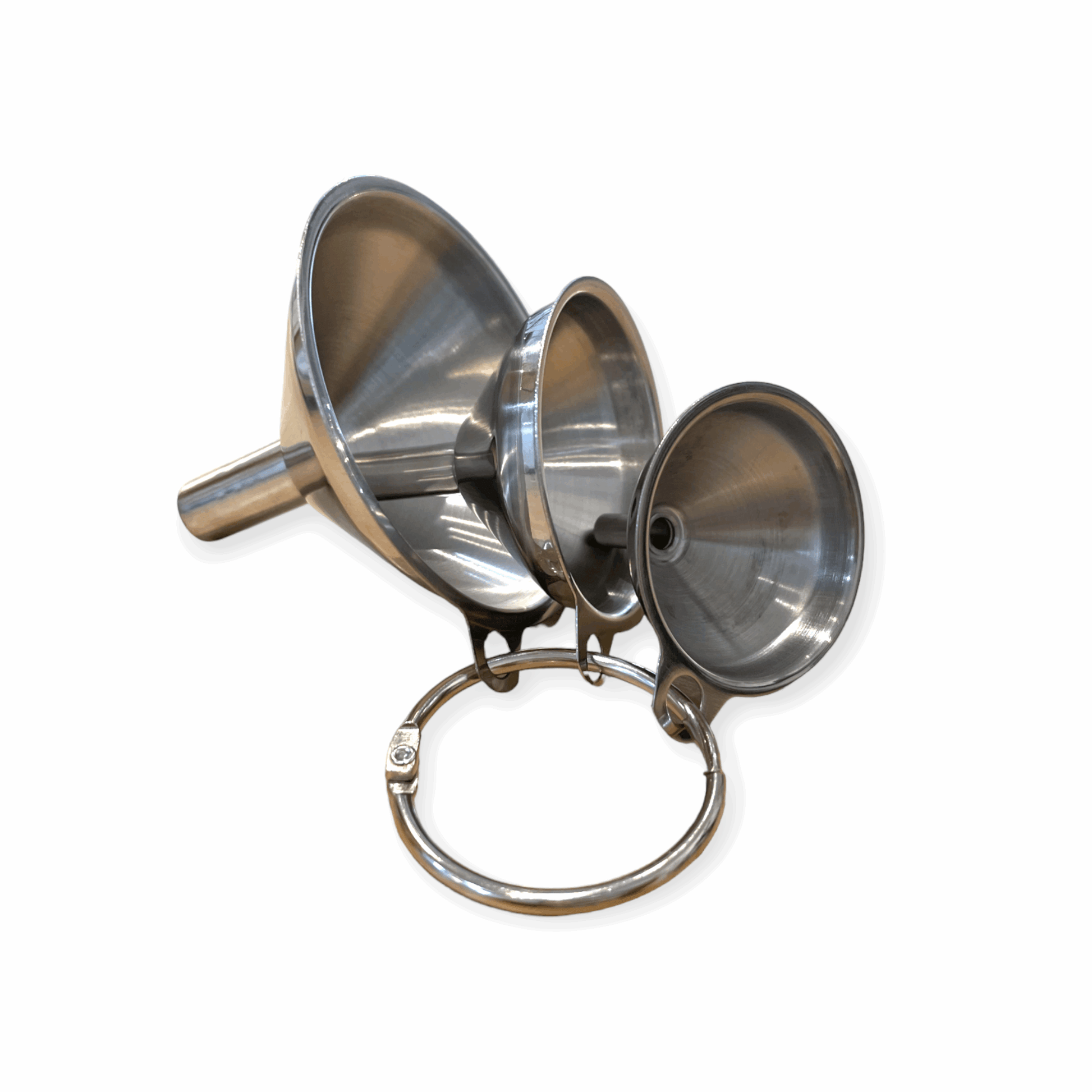 Refillism metal funnel set for home and cleaning, featuring multiple sizes for versatile liquid transfer and pouring tasks.