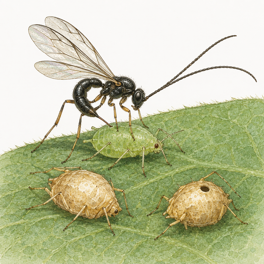 Aphidius colemani parasitizing aphids on plant leaves, natural biological pest control treatment from FGMN Nursery.