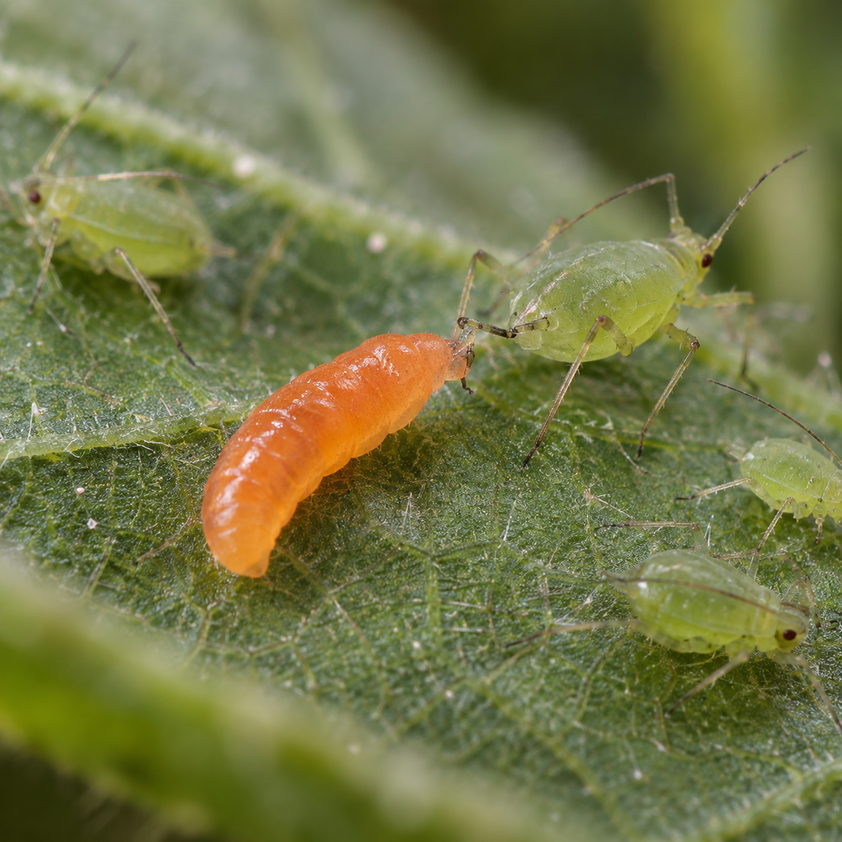 Live Aphidoletes aphidimyza nymphs from FGMN Nursery feeding on aphids, used as natural pest control treatment.