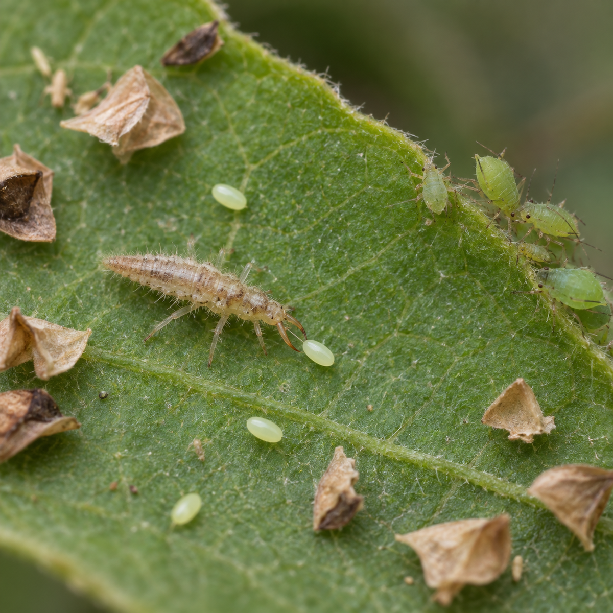Green Lacewing eggs from FGMN Nursery resting on a leaf, used for natural pest prevention in organic gardening.