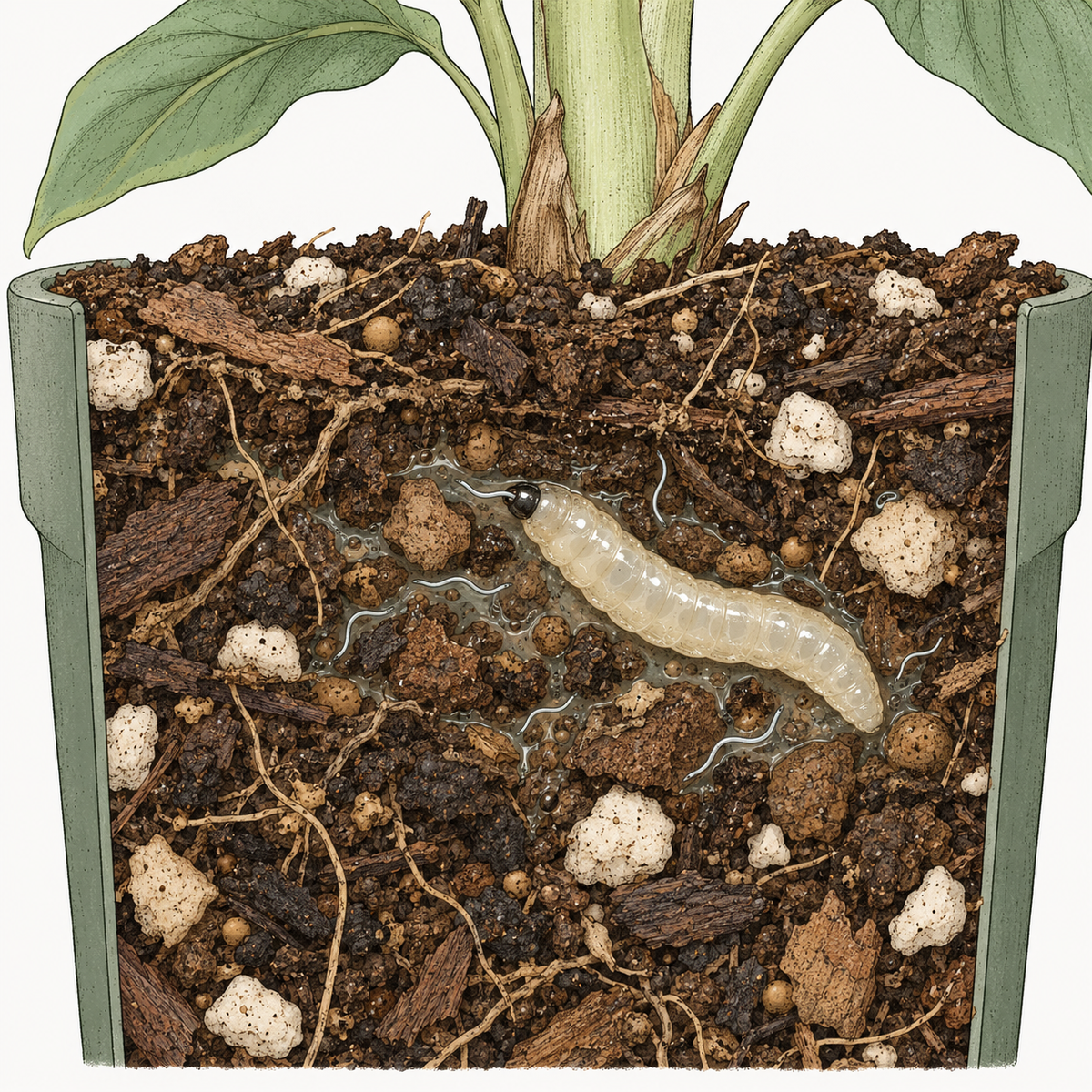 Fungus gnat larvae treated with Sf Nematodes by FGMN Nursery, showing natural soil environment with healthy plant roots.