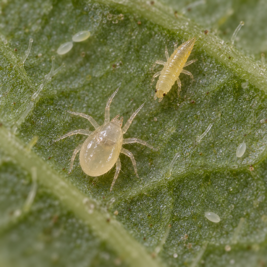 Amblyseius swirskii beneficial mite treatment bottles by FGMN Nursery, showing mites on thrips larvae for pest control.