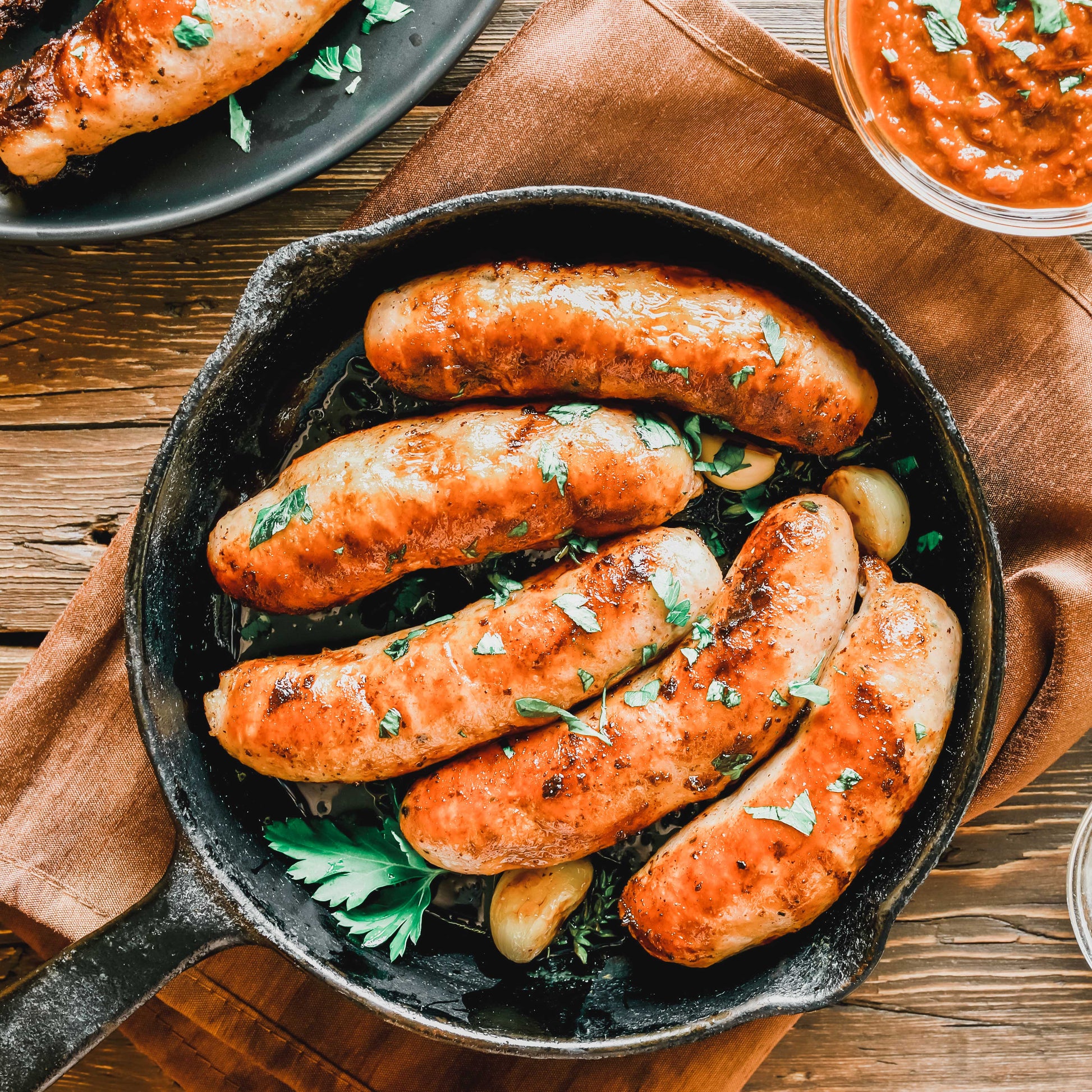 Pig of the Month BBQ garlic butter brats in a sampling box, showcasing flavorful grilled sausage links with garlic and butter seasoning.