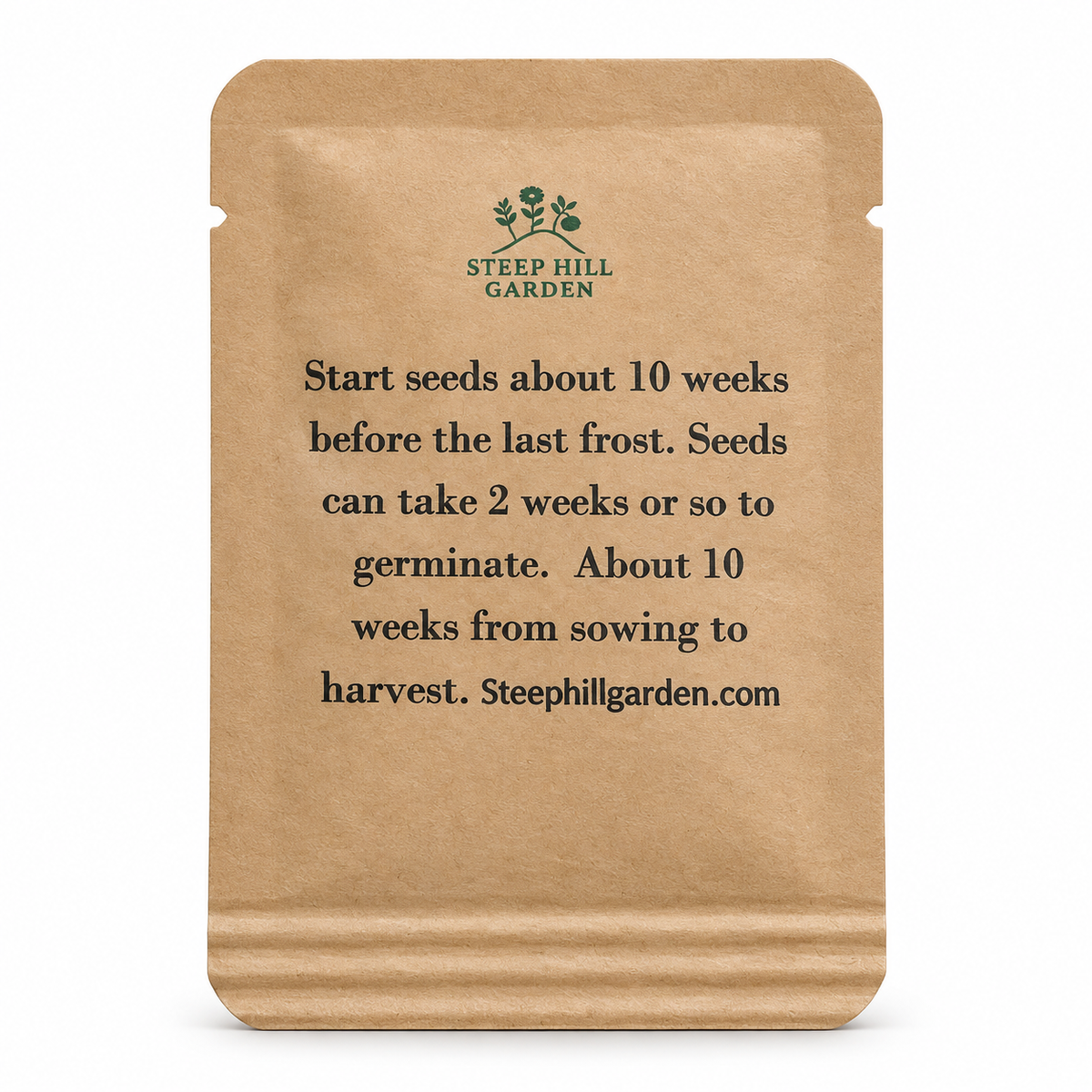 Garlic chive seed packet from Steep Hill Garden showing Allium tuberosum perennial herb seeds for culinary use.