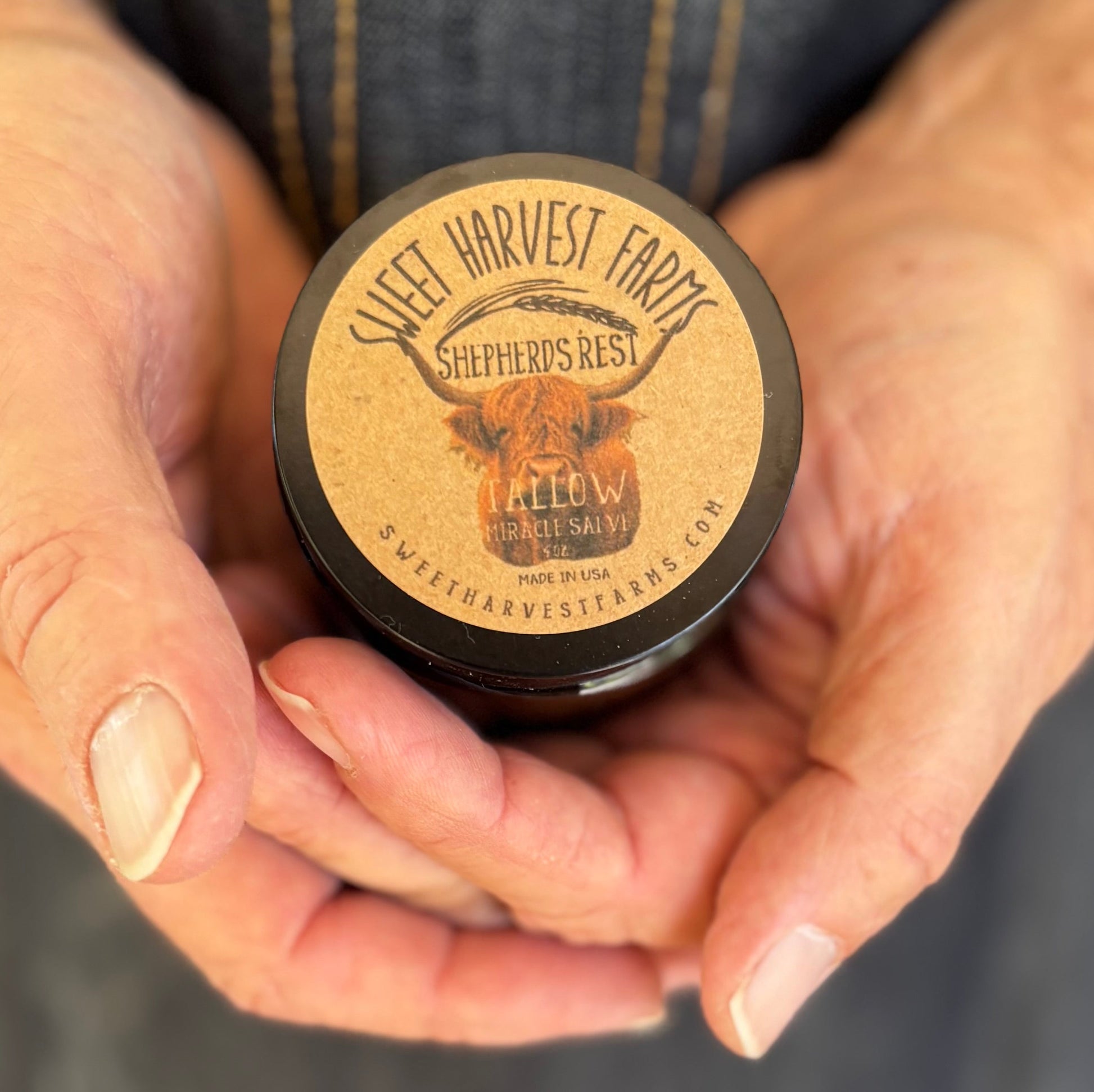 Gentleman with beard applying Organic Shepherds Rest Tallow Miracle Salve from Sweet Harvest Farms on his beard.