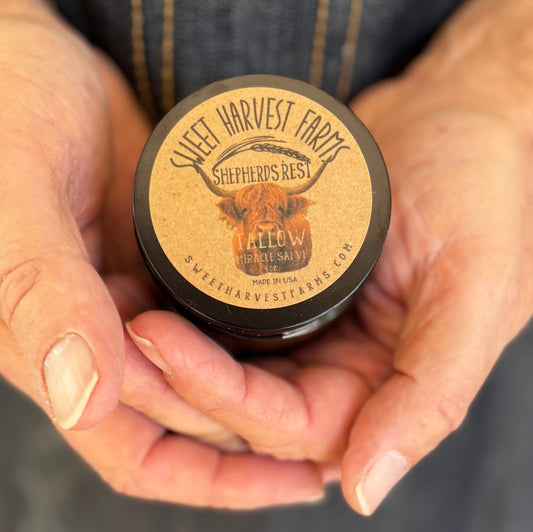 Gentleman with beard applying Organic Shepherds Rest Tallow Miracle Salve from Sweet Harvest Farms on his beard.