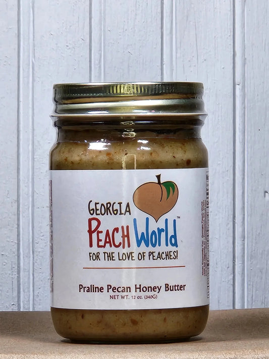 Georgia Peach World pecan honey butter spread in various flavors, creamy and rich, perfect for spreading on bread or toast.