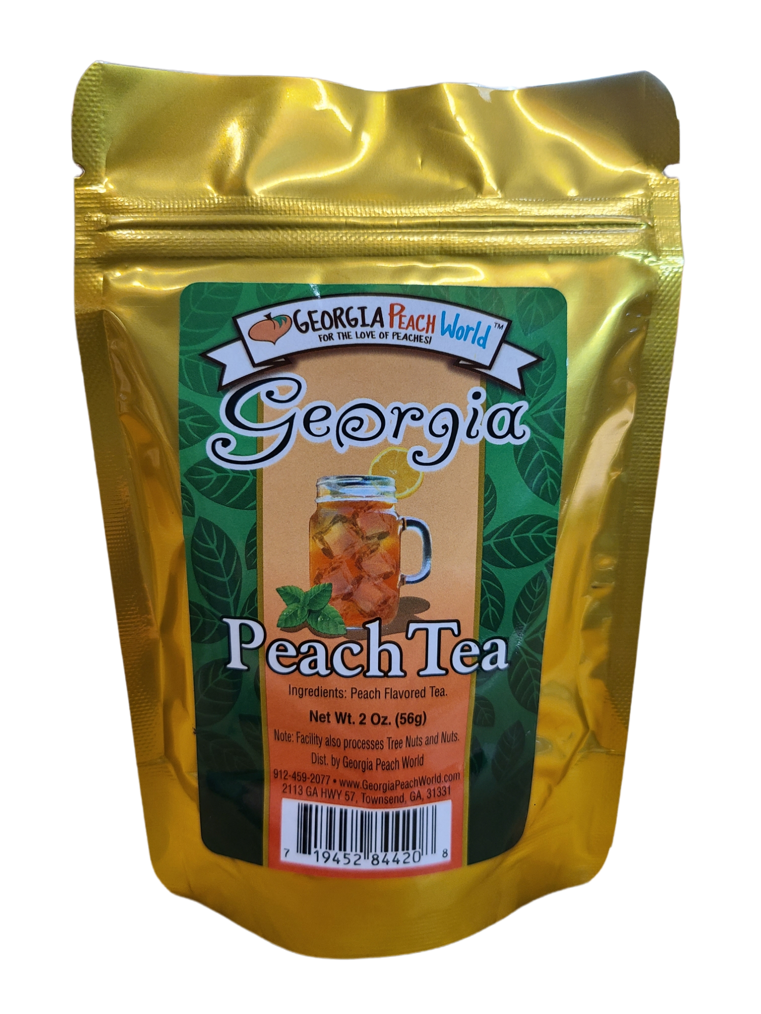 Loose leaf Georgia Peach Tea from Georgia Peach World, showcasing fresh peach-flavored tea leaves in a clear container.