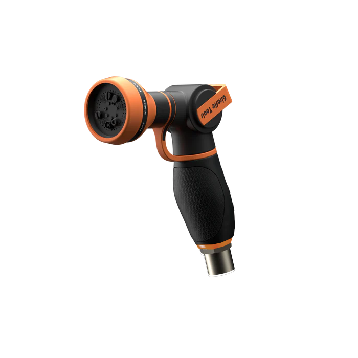 Giraffe Tools US garden hose nozzle with nine spray patterns, used for watering plants and garden irrigation.