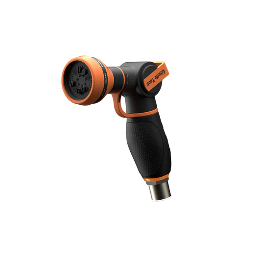 Giraffe Tools US garden hose nozzle with nine spray patterns, used for watering plants and garden irrigation.