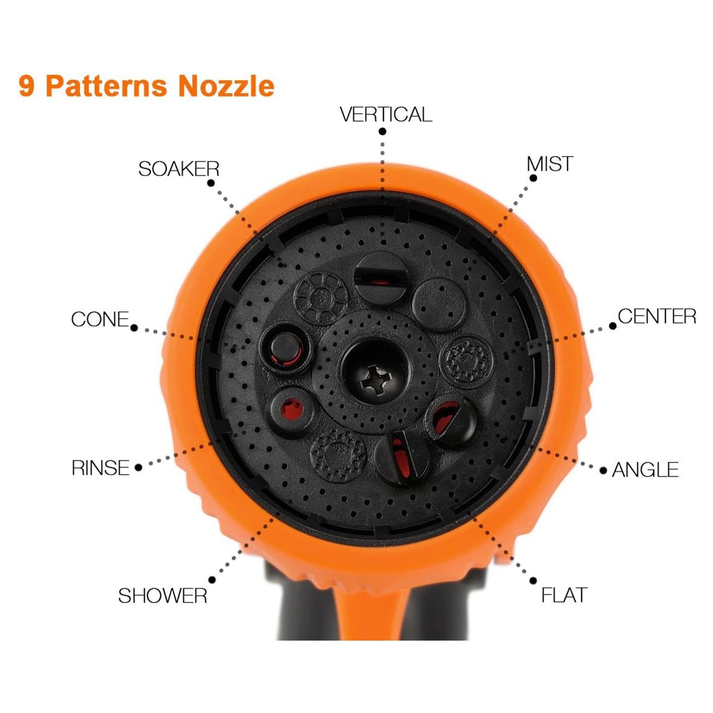 Giraffe Tools US garden hose nozzle with nine spray patterns, gardening accessory for watering and irrigation.